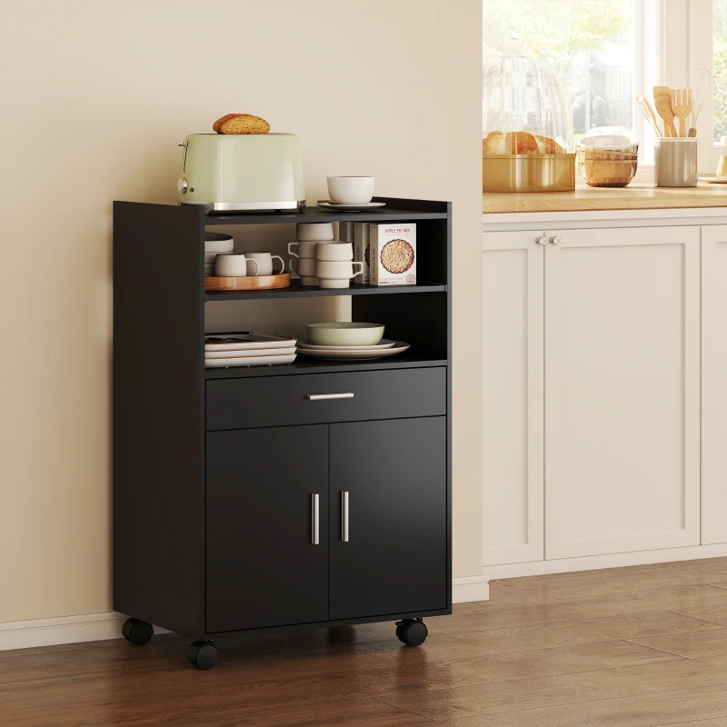 HOMCOM Microwave Cart with Wheels, Microwave Stand with Worktop, Open Shelves and Drawer, Storage Cabinet, Black