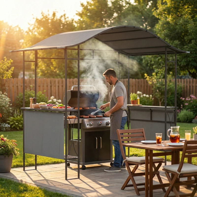 Outsunny 8' x 5' Grill Gazebo Canopy, Outdoor BBQ Shelter with 2 Side Shelves, Dark Grey