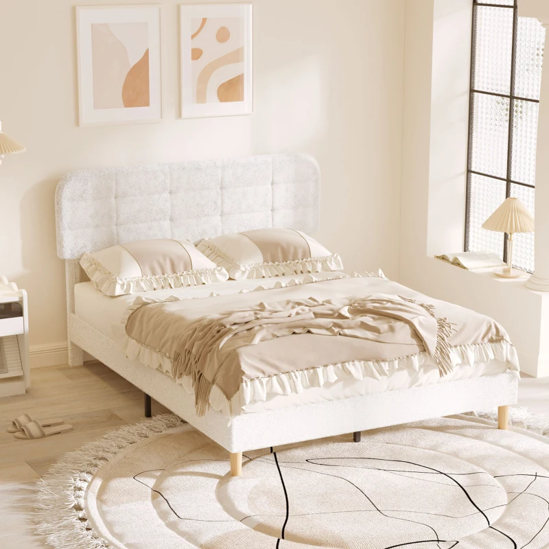HOMCOM Queen Size Bed Frame with Adjustable Headboard Upholstered Platform Bed Frame with Wood Slat Support Noise Free White