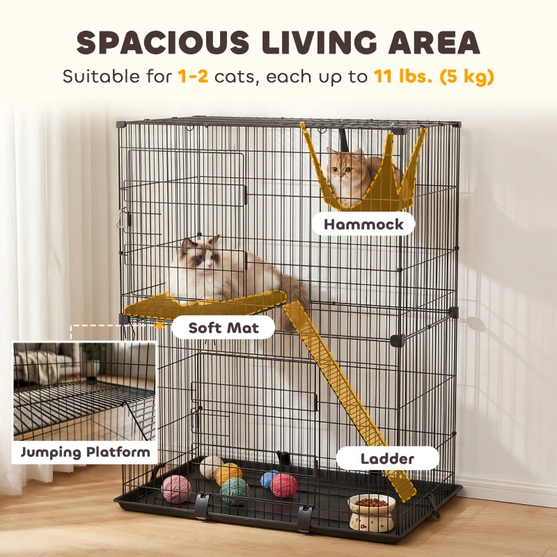 PawHut 2-Tier Cat Cage Indoor, Detachable Metal Wire Kennel with Hammock, Platform, Tray and Cushion for 1-2 Kittens