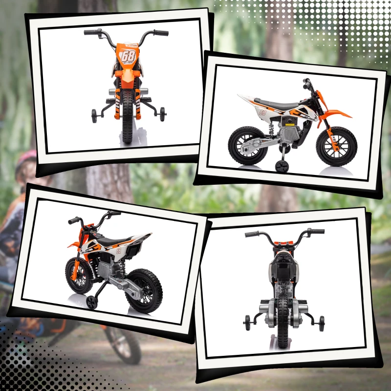 Qaba 12V Kids Electric Motorcycle w/ Twist Grip Throttle, Training Wheels, Rear Suspension & Music, Orange