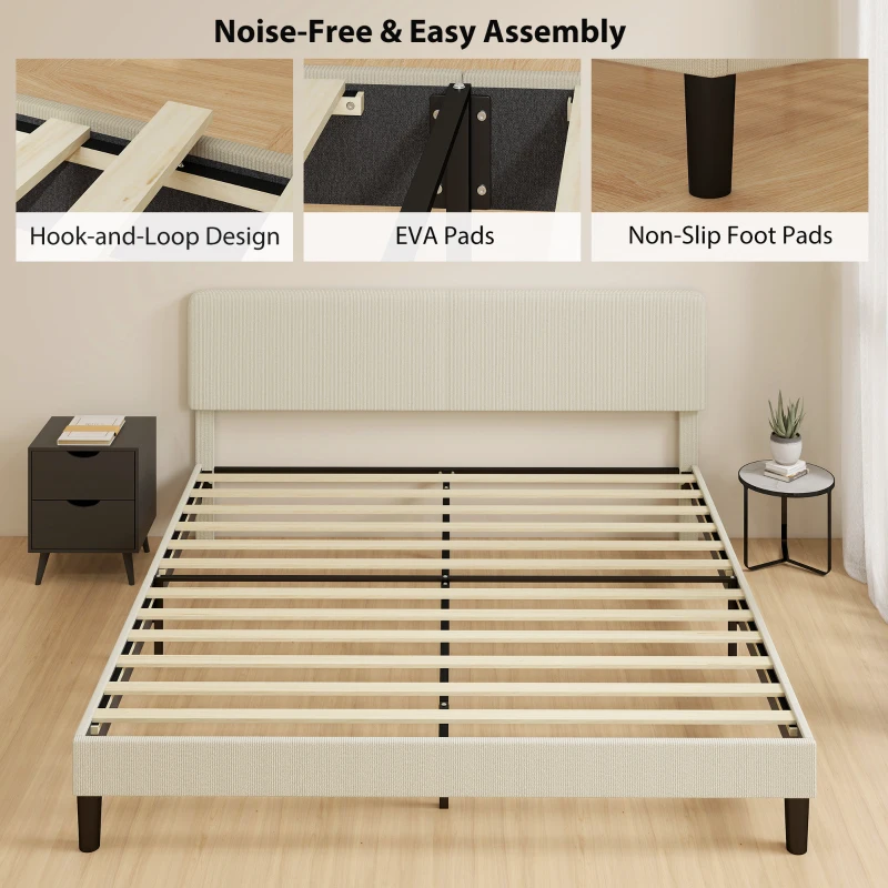 HOMCOM King Size Bed Frame with Adjustable Upholstered Headboard Platform Bed Frame Wood Slat Support Noise Free Light Grey