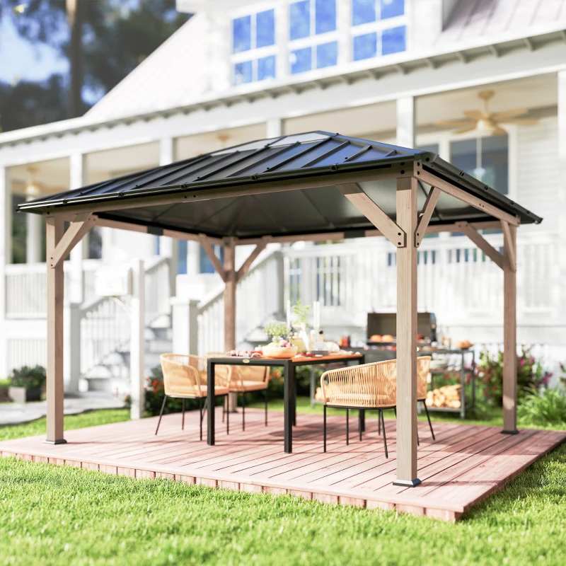 Outsunny 10' x 12' Hardtop Gazebo with Galvanized Steel Roof, UPF50+ Wood Permanent Pavilion with Clear Roof Top, Light Walnut