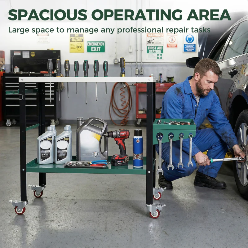 HOMCOM 2Tier Rolling Tool Cart with Wheels, Lockable Steel Heavy Duty Cart with Side Tray, Silver & Green