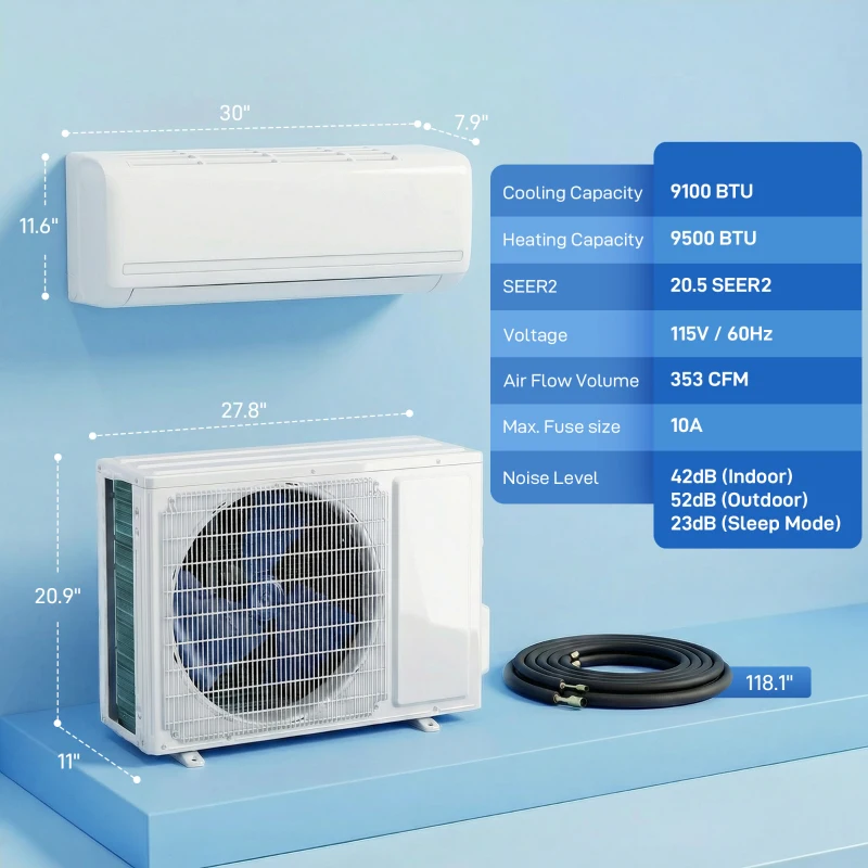 HOMCOM 9100 BTU Mini Split Air Conditioner and Heat Pump, 20.5 SEER2 115V Ductless Inverter AC Unit Cools up to 450 Sq.Ft