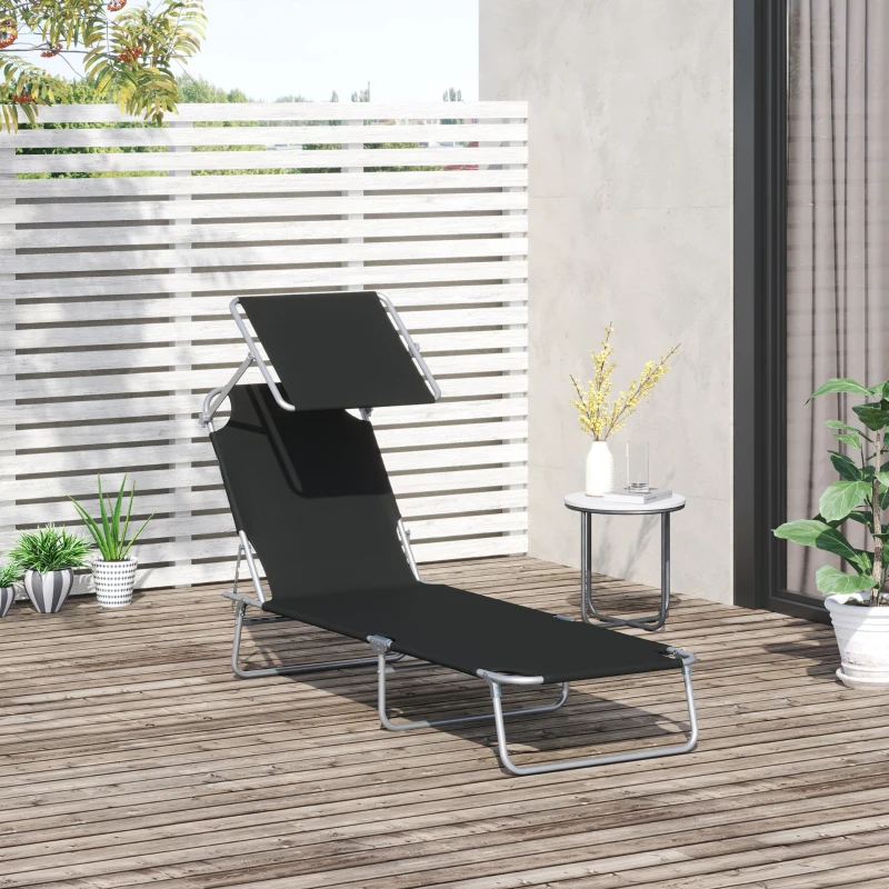 Outsunny Outdoor Pool Chaise Lounge Chair, Folding Tanning Chair with Sun Shade, Black
