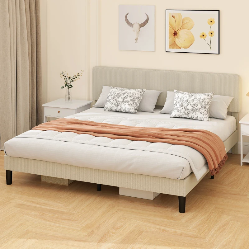 HOMCOM King Size Bed Frame with Adjustable Upholstered Headboard Platform Bed Frame Wood Slat Support Noise Free Light Grey