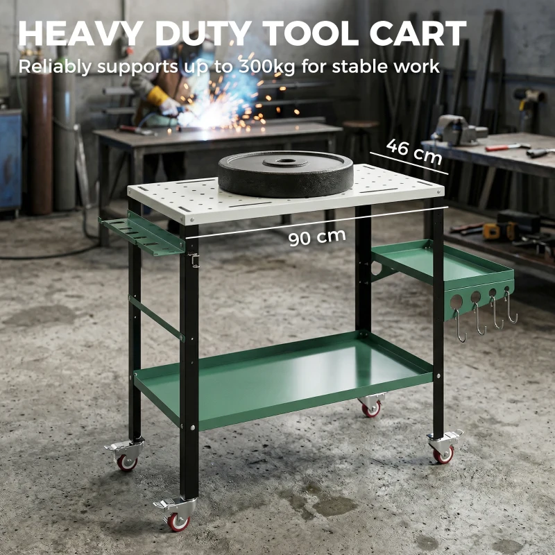 HOMCOM 2Tier Rolling Tool Cart with Wheels, Lockable Steel Heavy Duty Cart with Side Tray, Silver & Green