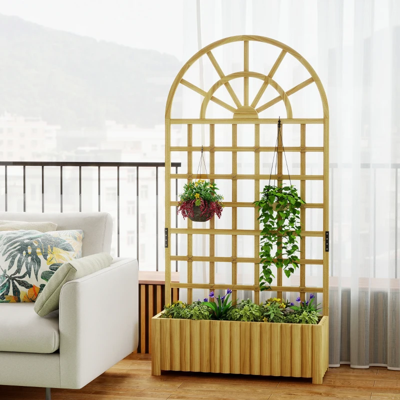Outsunny Wooden Raised Garden Bed with Lattice Trellis, Outdoor Elevated Planter Box with Drainage Holes for Climbing Plants