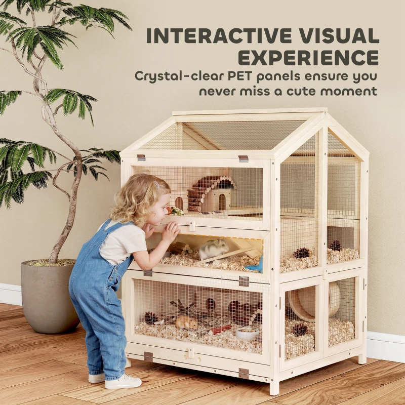 PawHut Wooden Hamster Cage, Large 3 Tier Hamster Cage w/ Pull-Out Tray, Openable Top, Hut, Seesaws, 26.8"L x 24.2"W x 35.4"H