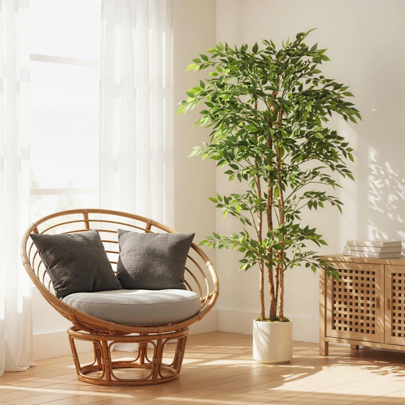 HOMCOM 6FT Artificial Banyan Tree Set of 2, Fake Potted Tree with Solid Wood Trunk and Pot for Indoor