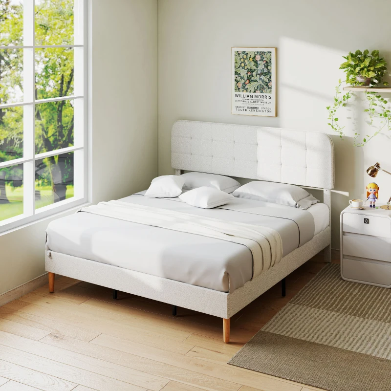 HOMCOM King Size Bed Frame with Adjustable Headboard Upholstered Platform Bed Frame with Wood Slat Support Noise Free White