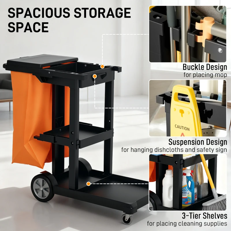 HOMCOM Commercial Janitorial Cart with 3 Tier Shelves, Cleaning Cart with Rubbish Bag and Mop Mount for Hotel Restaurant, Black