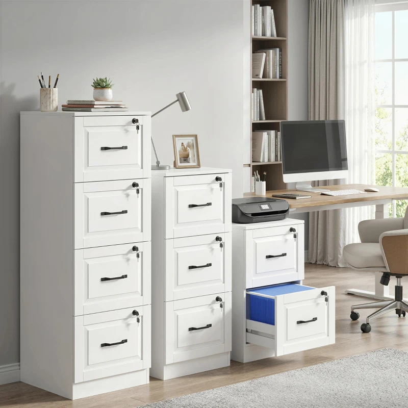 HOMCOM 4 Drawer File Cabinet with Lock, Vertical Filing Cabinet with Adjustable Hanging Bars for A4 and Letter Size, White