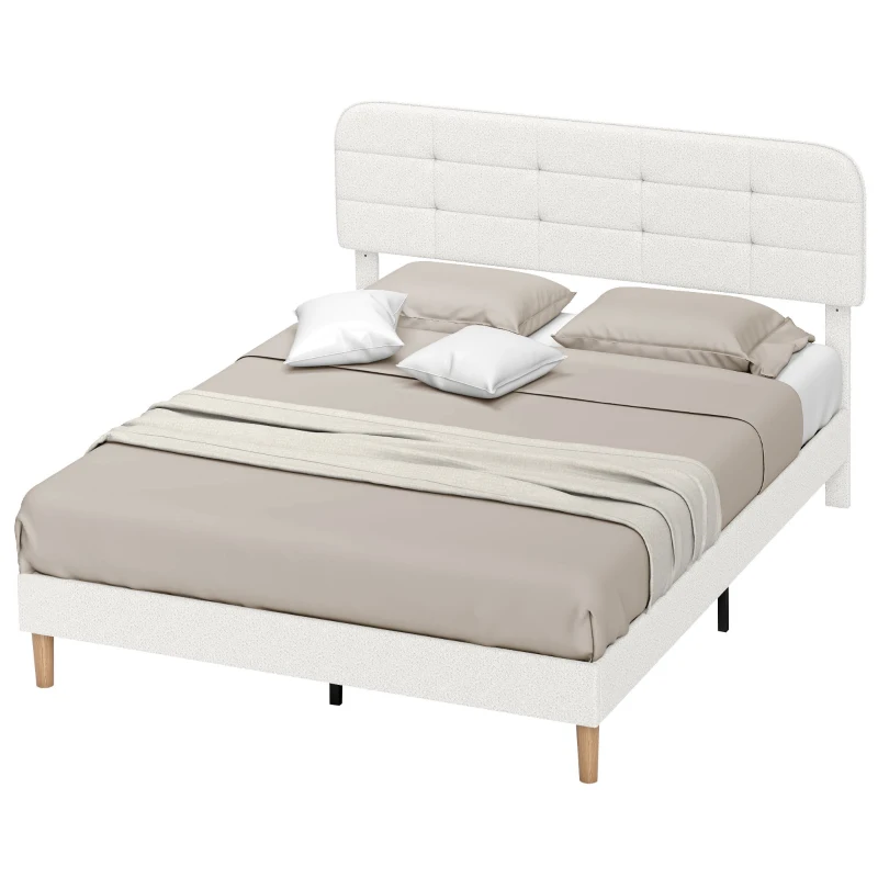 HOMCOM Queen Size Bed Frame with Adjustable Headboard Upholstered Platform Bed Frame with Wood Slat Support Noise Free White