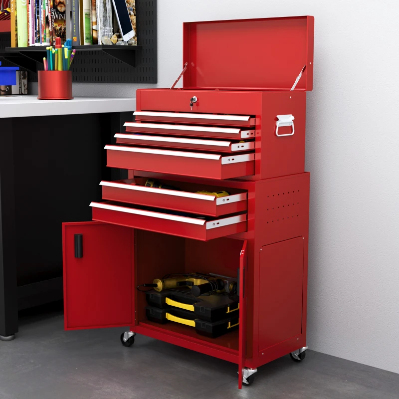 HOMCOM 6-Drawer Rolling Tool Chest, 2 in 1 Lockable Storage Cabinet with Hooks, Metal Tool Box for Garage, Workshop, Red