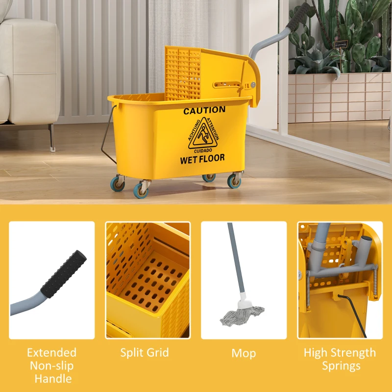 HOMCOM Mop Bucket with Wringer on Wheels for Floor Cleaning, 21 Quart Side Press Wringer with Handle and Mop, Yellow