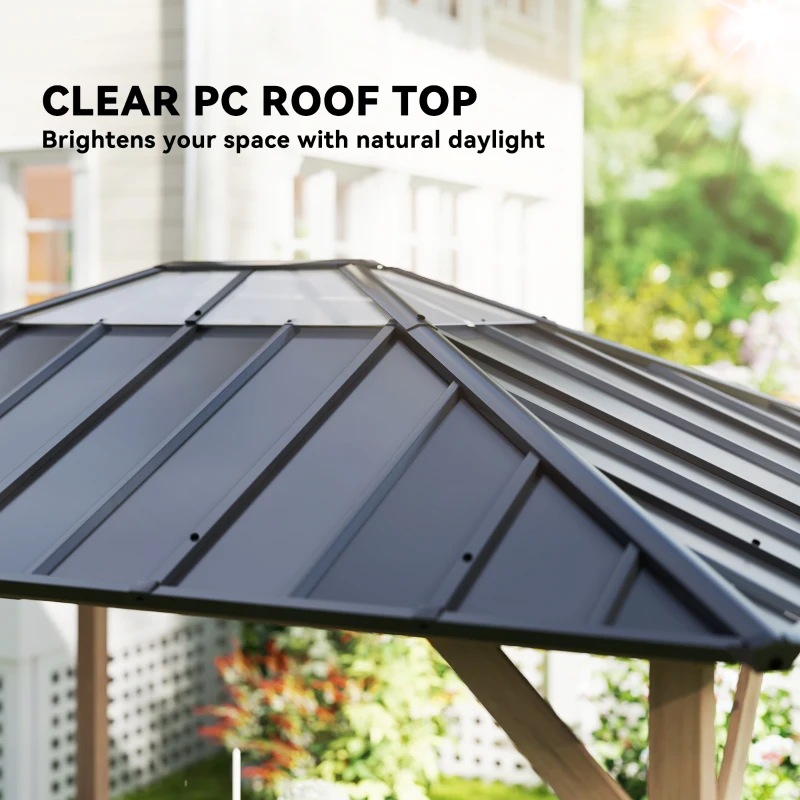 Outsunny 10' x 12' Hardtop Gazebo with Galvanized Steel Roof, UPF50+ Wood Permanent Pavilion with Clear Roof Top, Light Walnut
