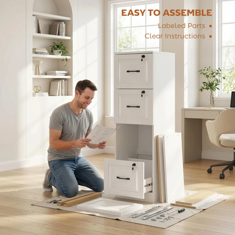 HOMCOM 4 Drawer File Cabinet with Lock, Vertical Filing Cabinet with Adjustable Hanging Bars for A4 and Letter Size, White