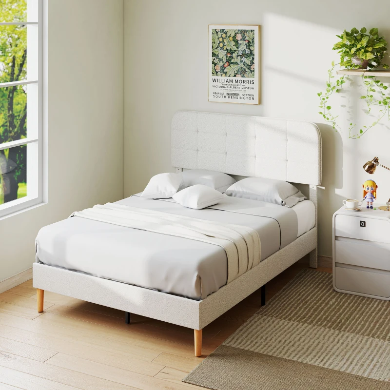 HOMCOM Queen Size Bed Frame with Adjustable Headboard Upholstered Platform Bed Frame with Wood Slat Support Noise Free White