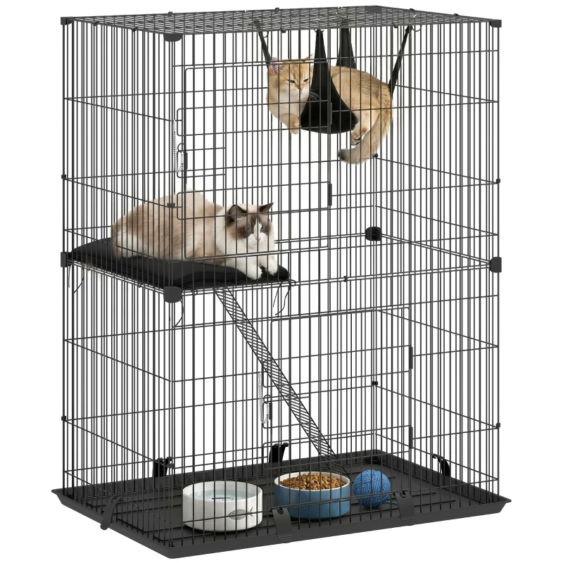 PawHut 2-Tier Cat Cage Indoor, Detachable Metal Wire Kennel with Hammock, Platform, Tray and Cushion for 1-2 Kittens