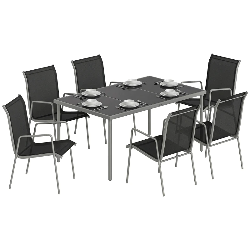 Outsunny 7 Piece Garden Dining Set, Garden Furniture Set with Rectangle Table and 6 Stackable Chairs