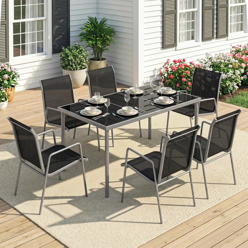 Outsunny 7 Piece Garden Dining Set, Garden Furniture Set with Rectangle Table and 6 Stackable Chairs