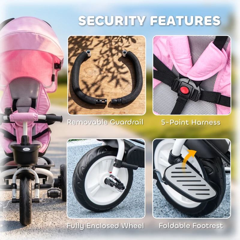 Qaba 6 in 1 Toddler Tricycle with Parent Push Handle, Canopy, Storage Baskets, Cupholder, Pink