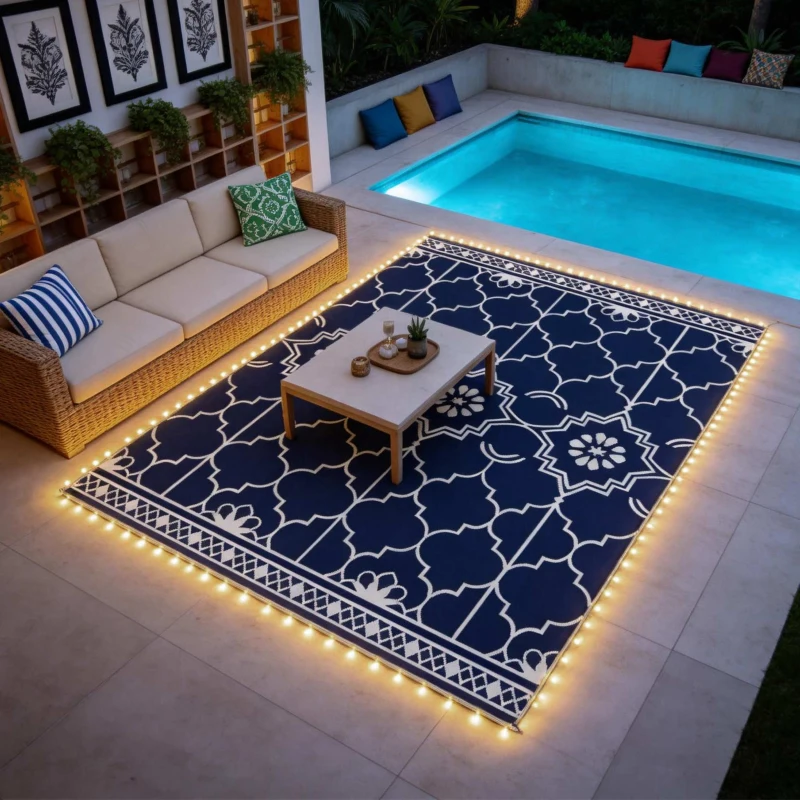 Outsunny Reversible Outdoor Rug Carpet with LED Lights, 12' x 9' PP Straw Rug with Carry Bag and Ground Stakes