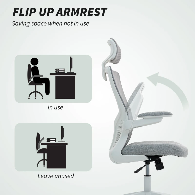 HOMCOM Ergonomic Office Chair, Swivel Desk Chair with Adjustable Lumbar Support, Headrest and Height, Flip-up Armrests, Grey