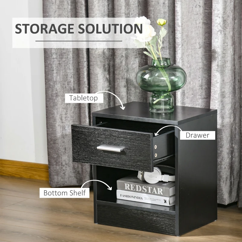 HOMCOM Modern Side Table with Drawer and Storage Shelf, End Table for Living Room, Black Wood Grain