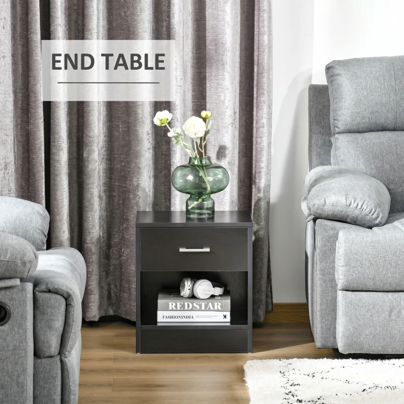 HOMCOM Modern Side Table with Drawer and Storage Shelf, End Table for Living Room, Black Wood Grain