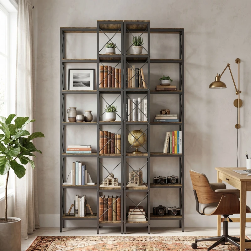 HOMCOM 6-Tier L-Shaped Bookshelf, Freestanding Corner Bookcase with Metal Frame, Rustic Brown