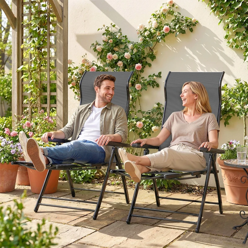 Outsunny Folding Patio Chairs Set of 2, 5-Position Outdoor Lounge Chairs with High Back, Retractable Footrest, Dark Grey