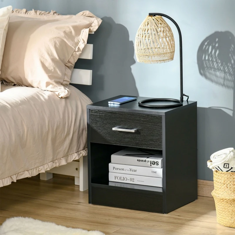 HOMCOM Modern Side Table with Drawer and Storage Shelf, End Table for Living Room, Black Wood Grain