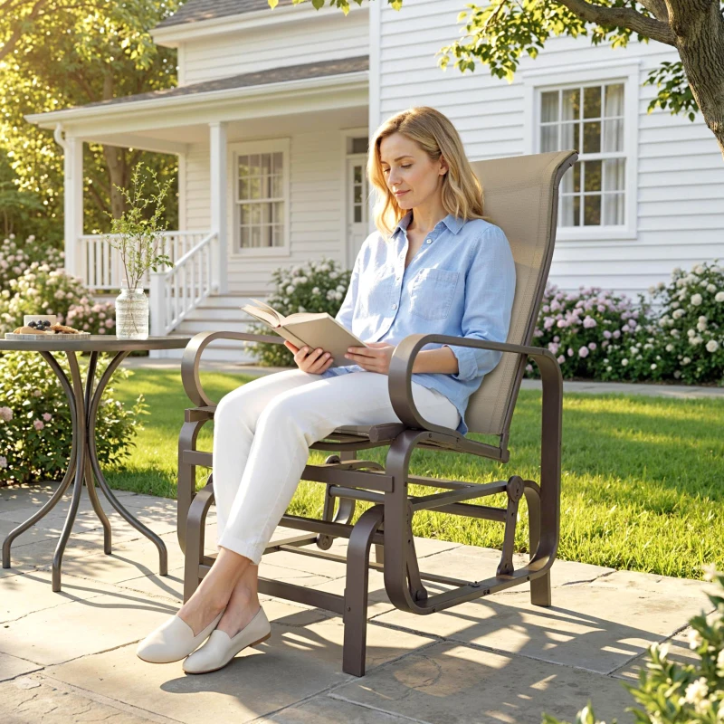 Outsunny Patio Glider, Outdoor Glider Chair with Breathable Mesh Fabric for Patio, Yard, Porch, Brown