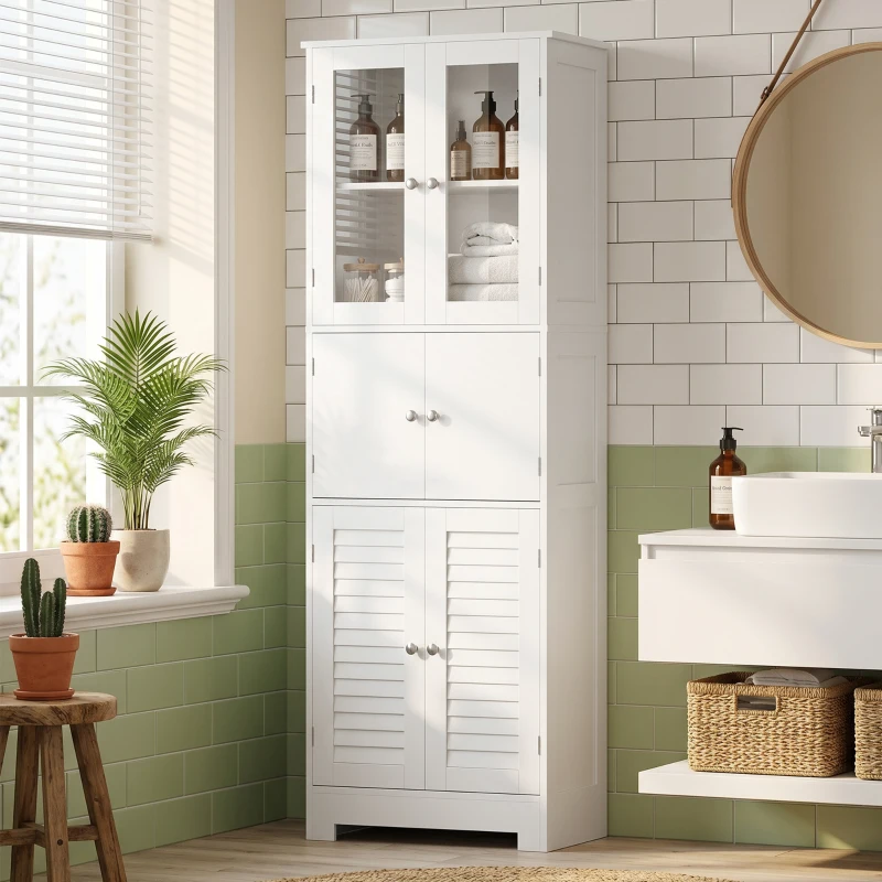 HOMCOM Freestanding Bathroom Cabinet with Glass/Louvred Doors, Tall Bathroom Cabinet for Kitchen, Study, Living Room