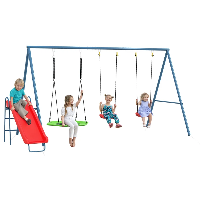 Outsunny Metal Swing Set for Backyard, 4 in 1 Design with 1 Nest Swing, 2 Seats, 1 Slide, Holds Up to 352 lbs. for Ages 3-8