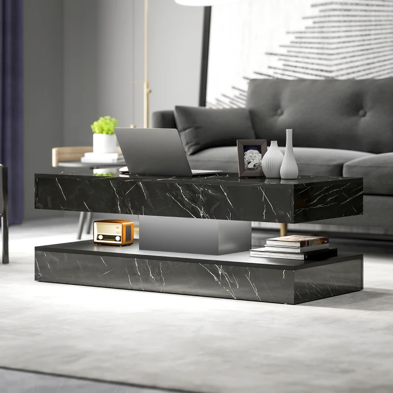 HOMCOM Coffee Table with Adjustable LED Lights, Center Table with 2 Drawers, Open Shelf, Remote, High Gloss Marble-Effect Black
