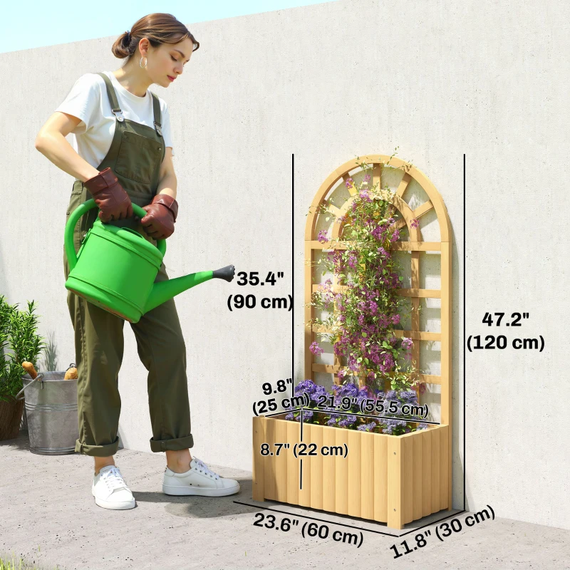 Outsunny Wooden Raised Garden Bed with Lattice Trellis, Outdoor Elevated Planter Box with Drainage Holes for Climbing Plants