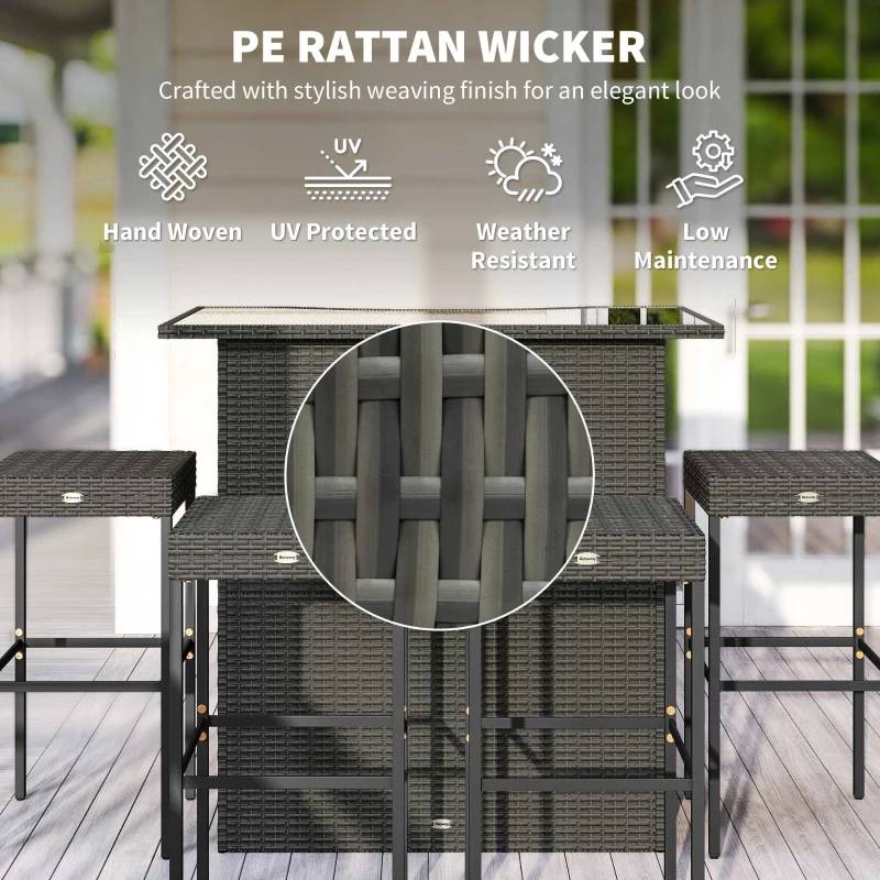 Outsunny 5 Piece Rattan Wicker Bar Set, High Top Outdoor Table and Chairs, Bar Height Patio Set, 2 Shelves & 4 Bar Stools, Gray