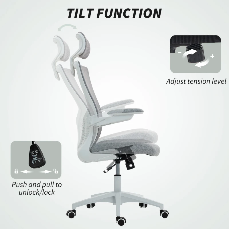 HOMCOM Ergonomic Office Chair, Swivel Desk Chair with Adjustable Lumbar Support, Headrest and Height, Flip-up Armrests, Grey