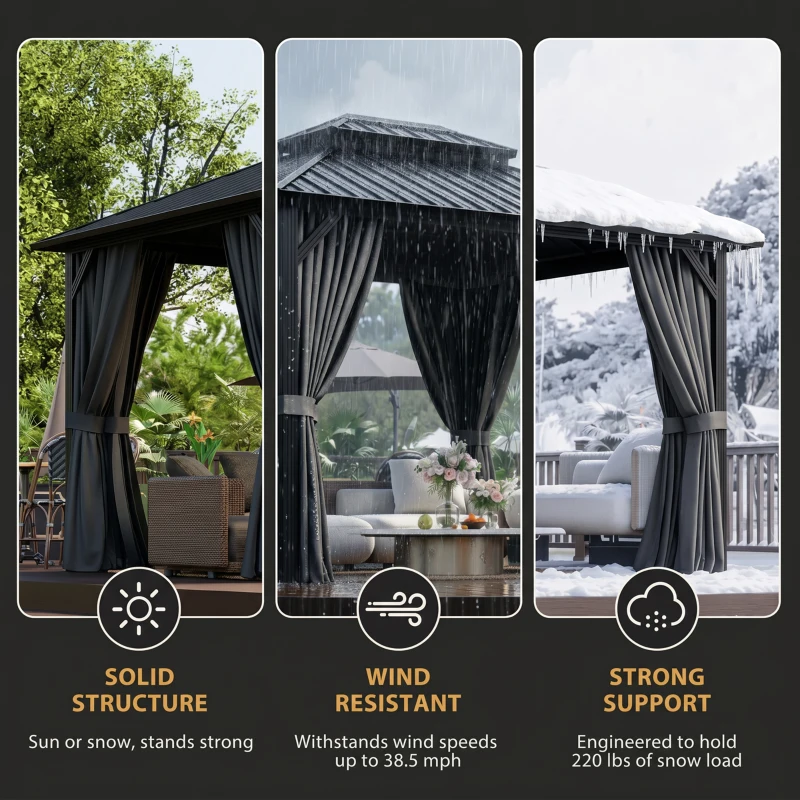 Outsunny 10' x 12' Hardtop Gazebo, Sun Shelter with Double Tier Metal Roof, Mosquito Netting, and Hanging Hook, Light Grey
