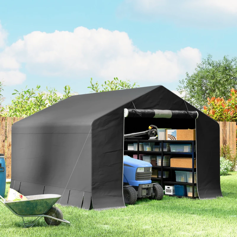 Outsunny 10' x 10' Portable Shed, Waterproof Bike Tent with Roll-up Zipper Door and Reinforced Galvanised Metal Frame, Dark Grey