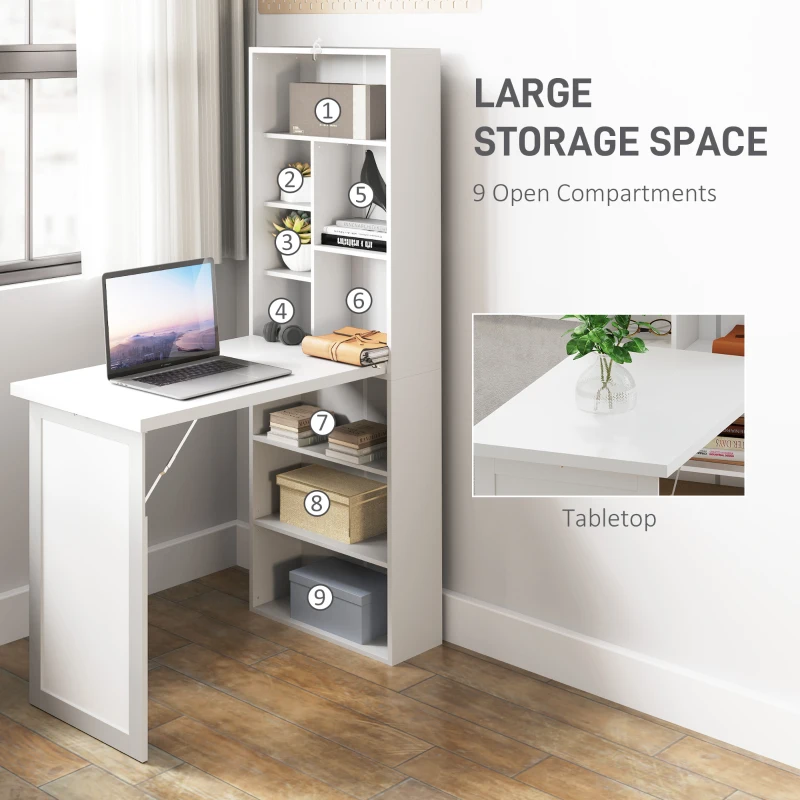 HOMCOM Fold-out Convertible Office Desk, Wall Mount Computer Desk with Whiteboard and Side Shelf, White