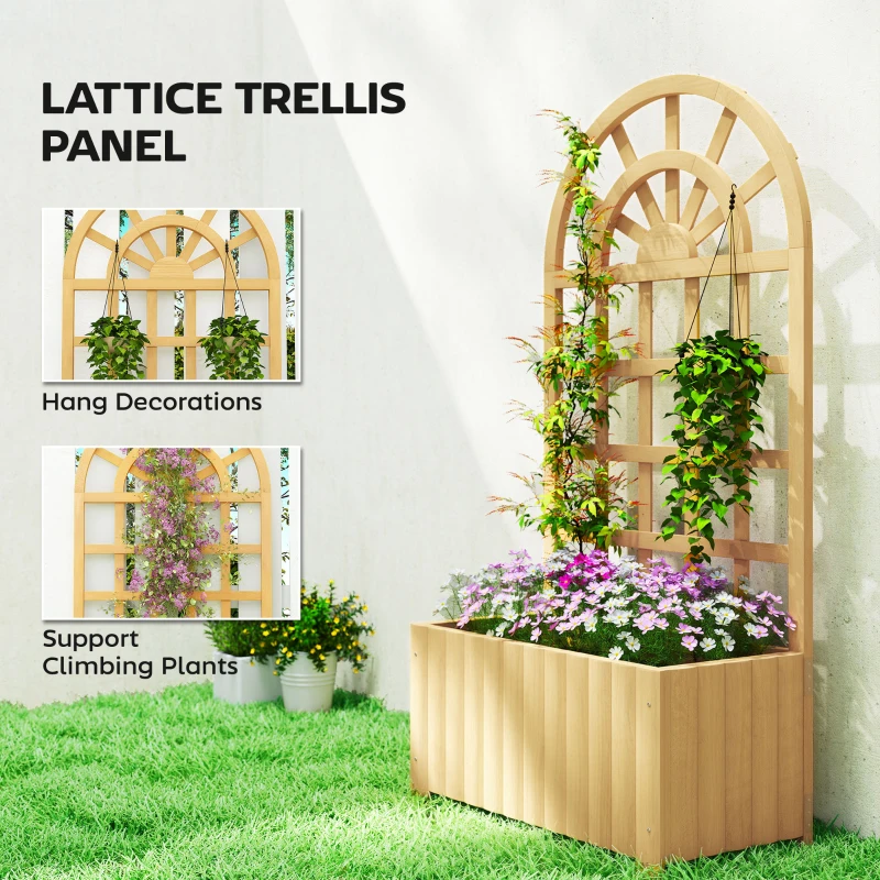 Outsunny Wooden Raised Garden Bed with Lattice Trellis, Outdoor Elevated Planter Box with Drainage Holes for Climbing Plants
