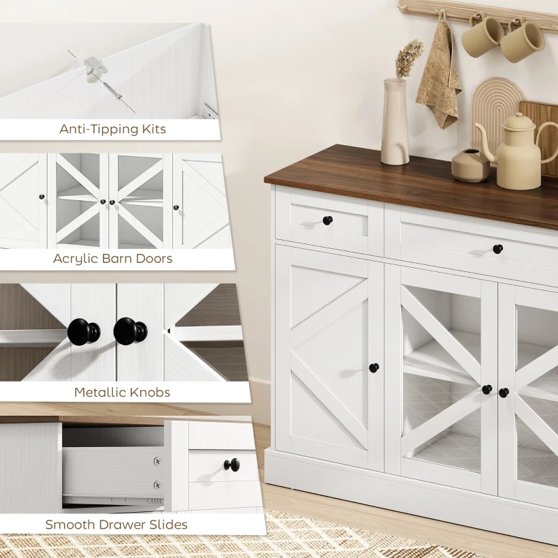 HOMCOM Sideboard Buffet Cabinet, 54" Farmhouse Kitchen Storage Cabinet with Acrylic Barn Doors and 3 Drawers, White Wood Grain