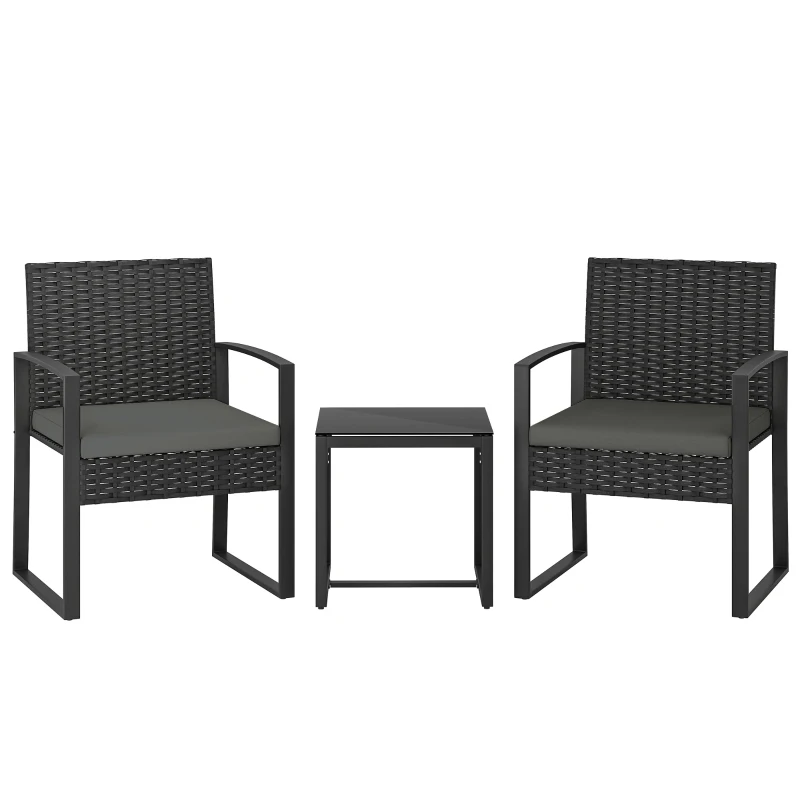 Outsunny Outdoor Bistro Set, 3 Piece Wicker Patio Furniture Set with Glass Top Table and Cushions for Porch, Balcony, Dark Grey