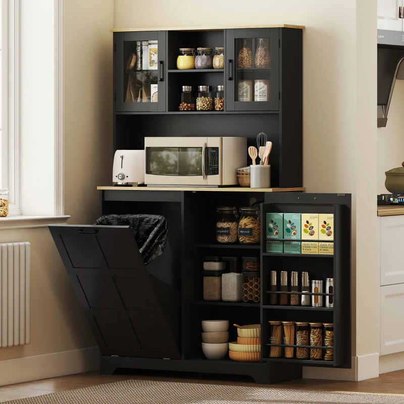 HOMCOM Kitchen Pantry Cabinet with Charging Station, 7 Gallon Trash Can Cabinet, Adjustable Shelves and Acrylic Doors, Black