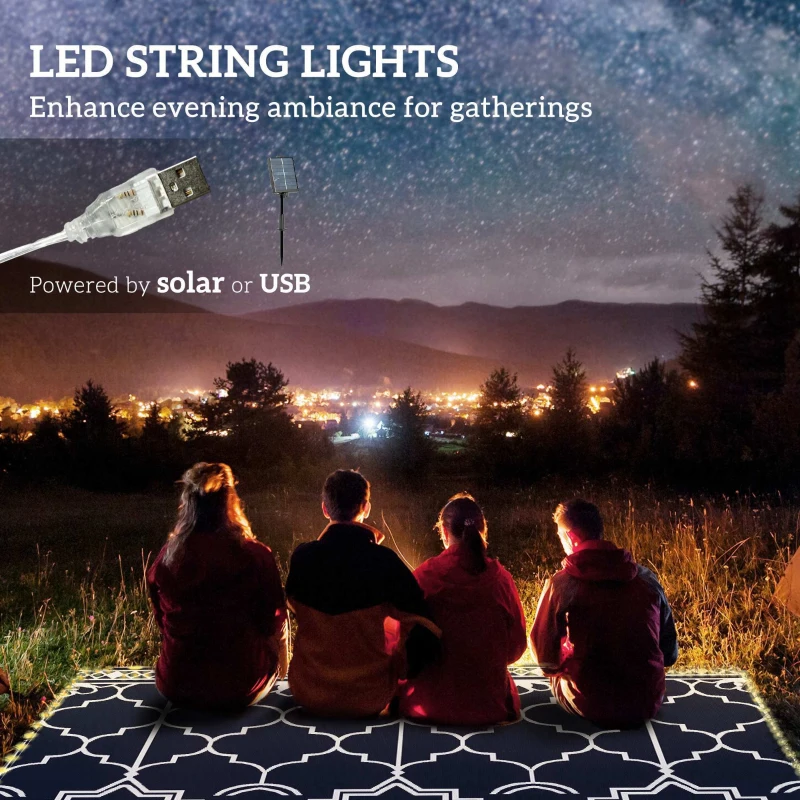Outsunny Reversible Outdoor Rug Carpet with LED Lights, 12' x 9' PP Straw Rug with Carry Bag and Ground Stakes